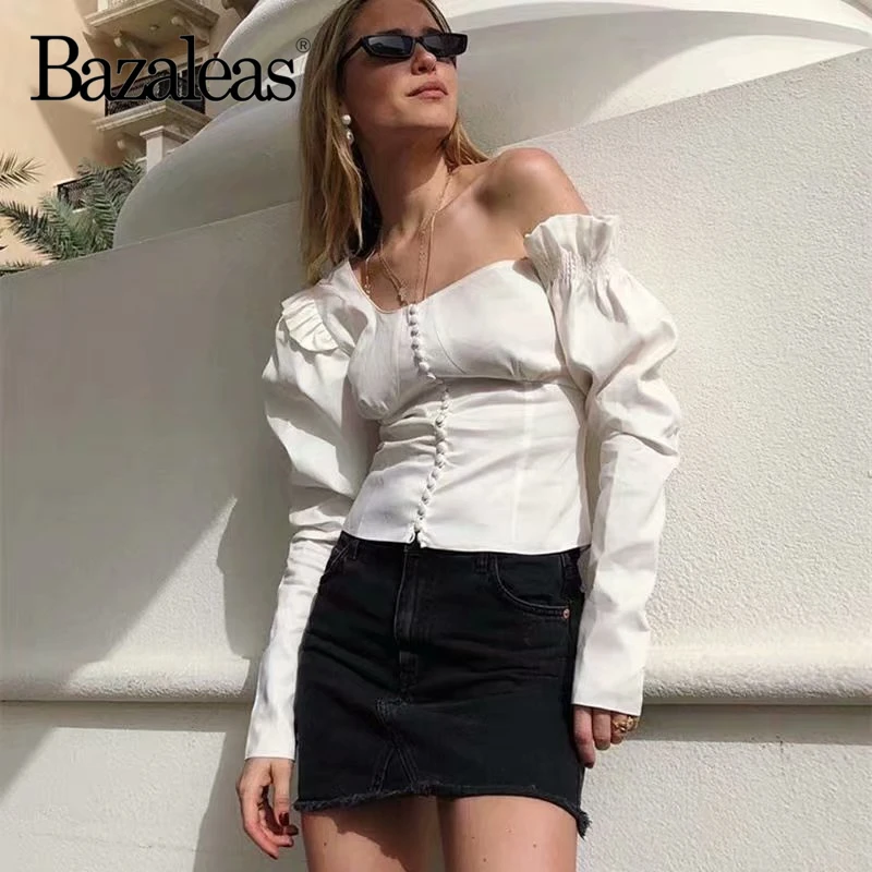 Bazaleas белые топы с открытыми плечами и пуговицами blusas Топ спереди блуза тонкие