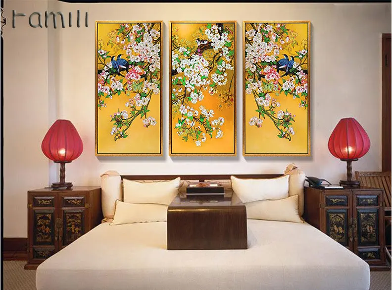 Картина на холсте в китайском стиле с изображением птиц и желтых растений|painting