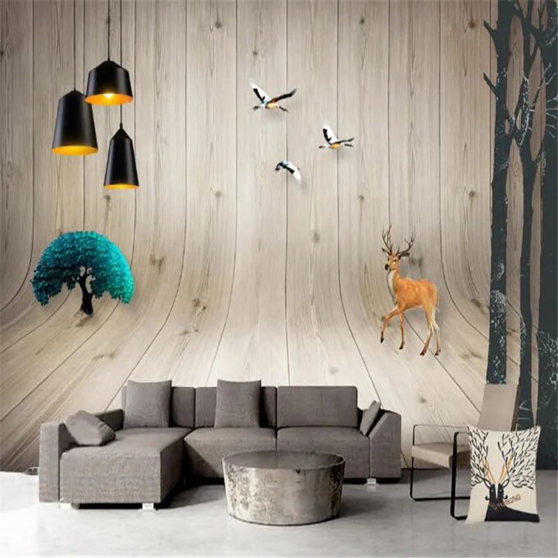

Creative Wallpaper 3D Stereoscopic Bend Brown Wood Photo Wall Mural Forest elk Wallpapers Wall Papers for Living Room Home Decor