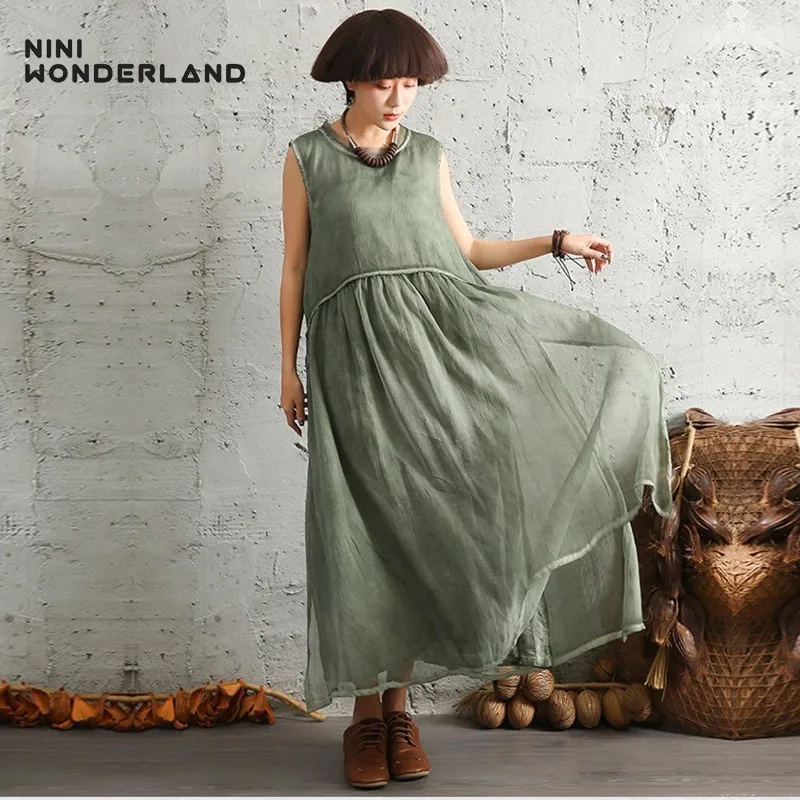 Платье макси летнее хлопково льняное без рукавов большого размера|casual long dress|long