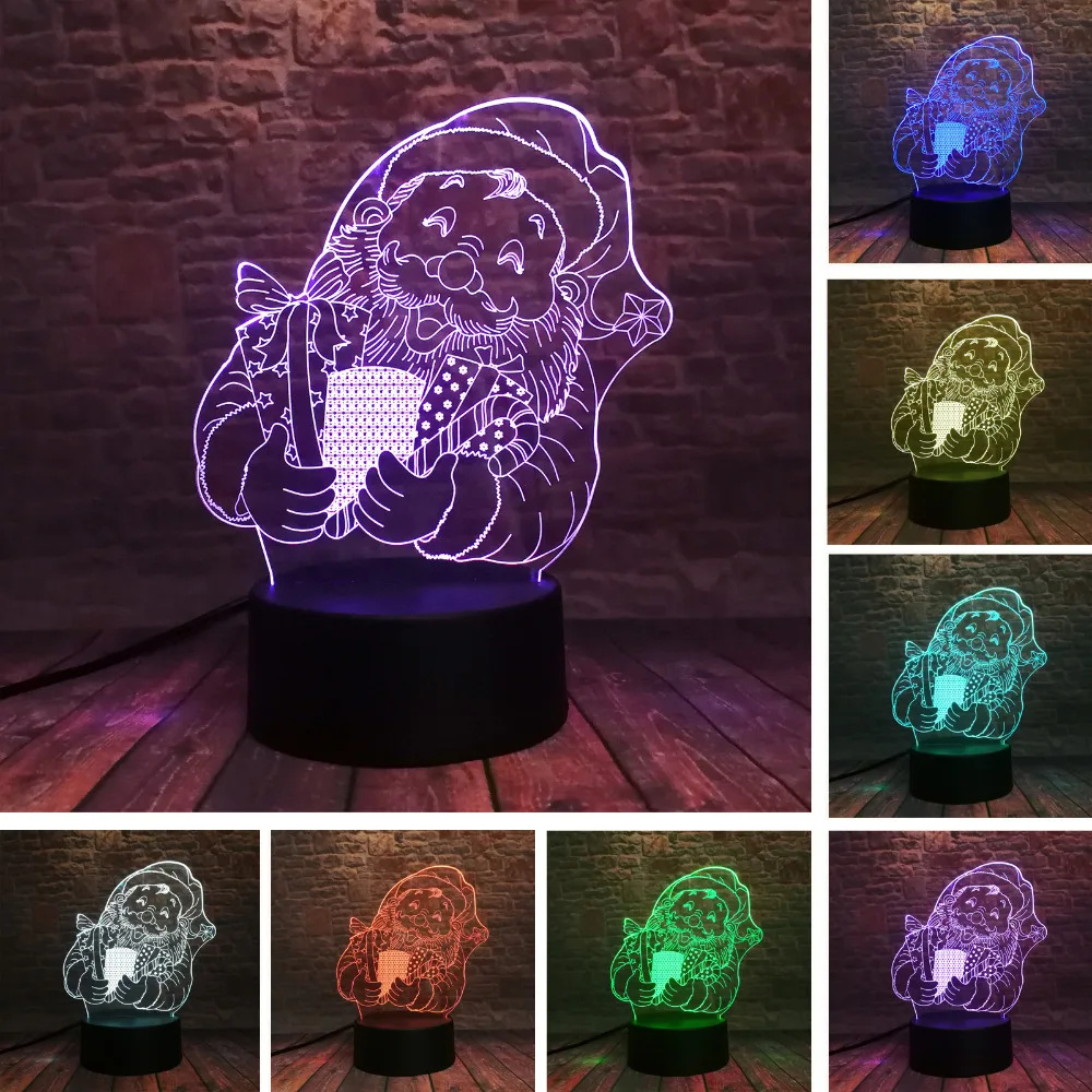 Новый мультфильм Рождество Санта Клаус 3D LED ночник 7 видов цветов USB голограмма