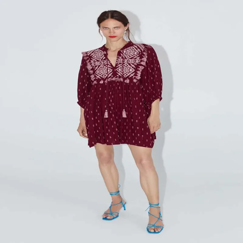 2019 лето осень Boho женское хлопковое платье с вышитым v-образным вырезом и длинным