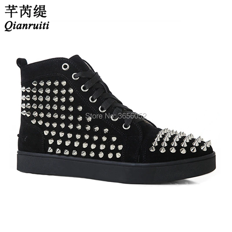 Qianruiti Designer Superstar High Top Sneakers Men Lace Up Flat Ankle Boots Leather Zapatillas Rivet Studded Mens Shoes Casual |