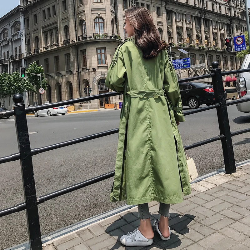 Тренч Женский зеленый двубортный длинное повседневное на весну и осень|Женские