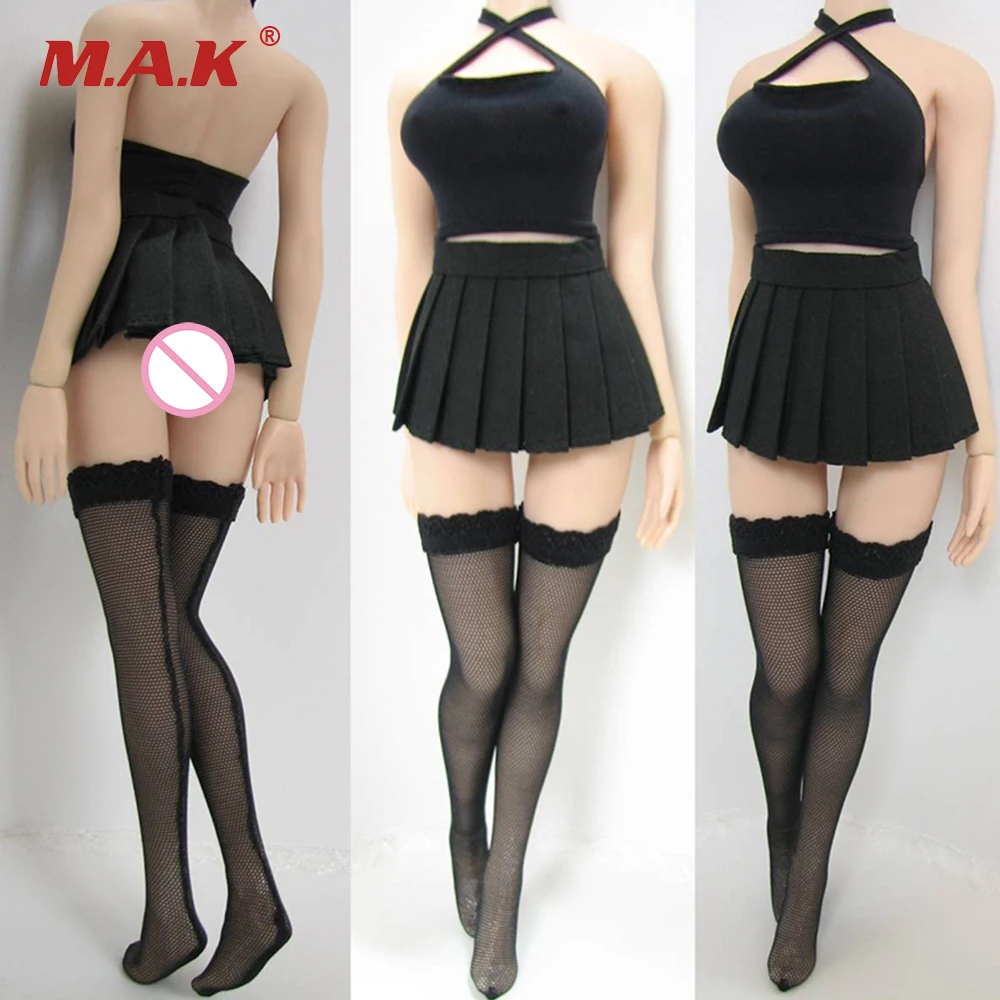 

FT 1/6 Female Black Halter Tops Dress and Stocking for Female Seamless Body Large Bust Accessories