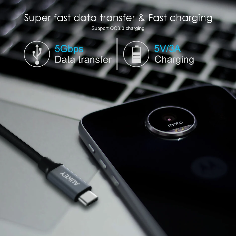 AUKEY 3A 2 м кабель USB type C для быстрой зарядки Плетеный передачи данных зарядное