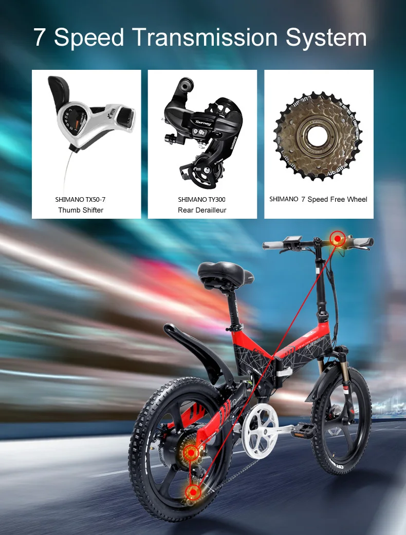 7 скоростей 20 дюймов складной горный велосипед Ebike сильная мощность 10.4Ah/12.8Ah/14.5Ah литиевая батарея интегрированное колесо 5 уровень Педаль Помощь