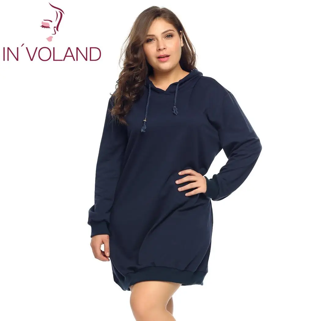 Navy Blue IN'VOLAND размера плюс 5XL женское платье с капюшоном осень весна Повседневный Однотонный пуловер с длинным рукавом Свободные платья Feminino Vestidos - Цвет: Navy Blue