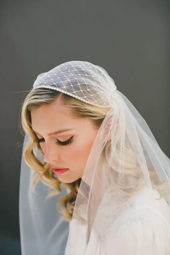 

New Listing Vintage Long Veil For Wedding Ivory Pearls Beaded Muslim Bridal Headdress