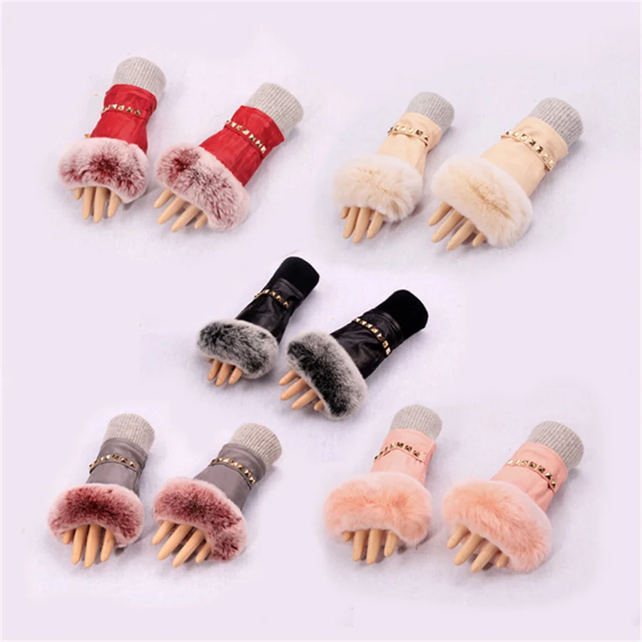 Cute Ladies Half Finger sheepskin Gloves Fashion Multicolor Rex rabbit fur Gloves Driving Writing Student Warm Gloves MK58-5