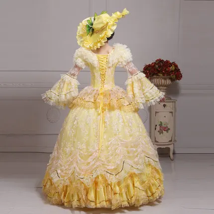 

Yellow Lace Flower Marie Antoinette Evening Party Dress Medieval Renaissance Singer Stage Performance Costume