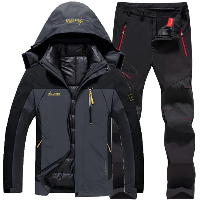 Gray Black set 6XL костюм размера плюс для походов, Походов, Кемпинга, катания на лыжах, альпинизма 3 в 1, уличные куртки, набор для мужчин, зимние водонепроницаемые рыболовные термо брюки - Цвет: Gray Black set