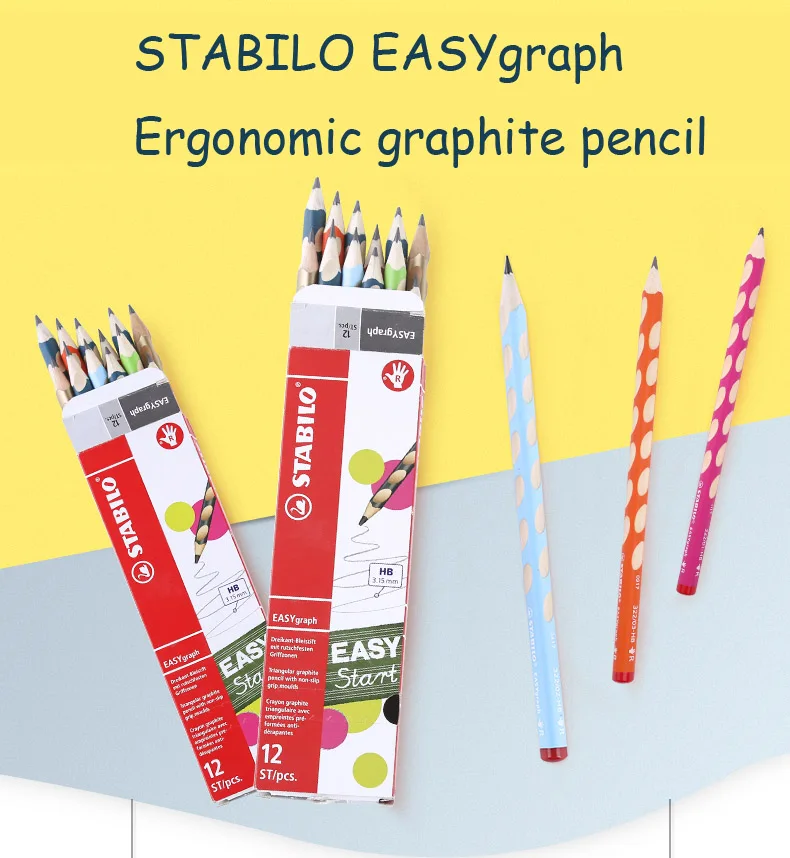 Эргономичный графитовый карандаш STABILO easygraphh, 12 шт., для левшей или правшей, для детей, которые учатся писать, HB School