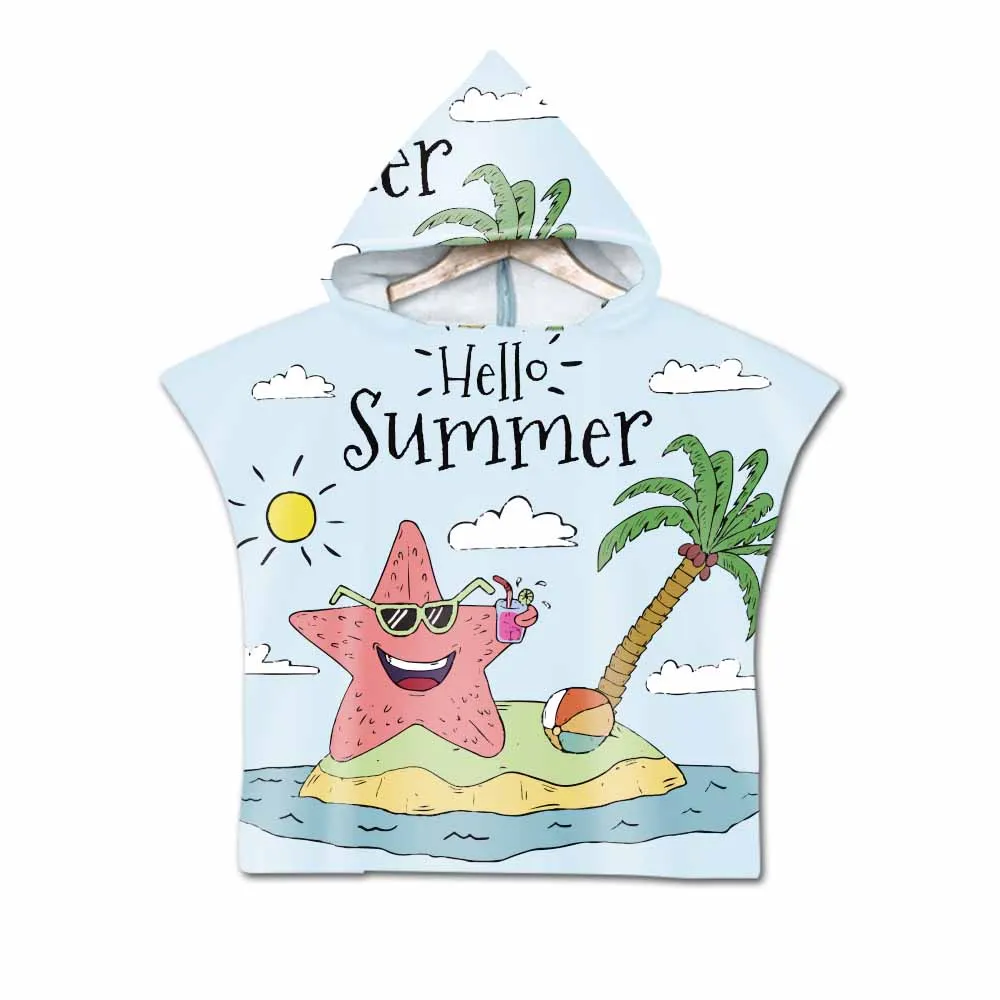 Hello Summer Cartoon Cute Hooded Towel For Kids Fashion Microfiber Beach Wearable Towels Coat As Gifts 3D Digital Printing | Дом и сад