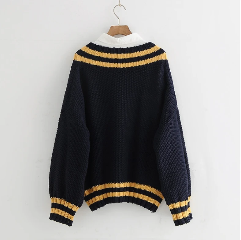 2017 Autumn Winter Women Loose V-Neck Lantern Sleeve Sweater Ladies Casual Pullovers Striped &amp Hem | Женская одежда