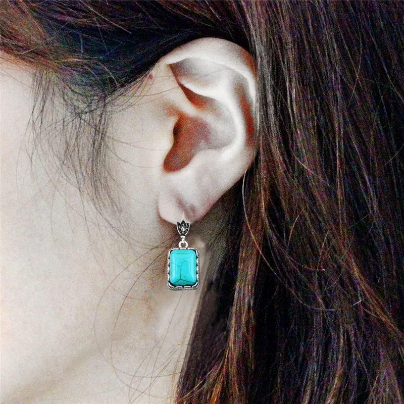 Продолговатый Синий Камень Серьги для Для женщин цветок кулон Винтаж Посмотрите