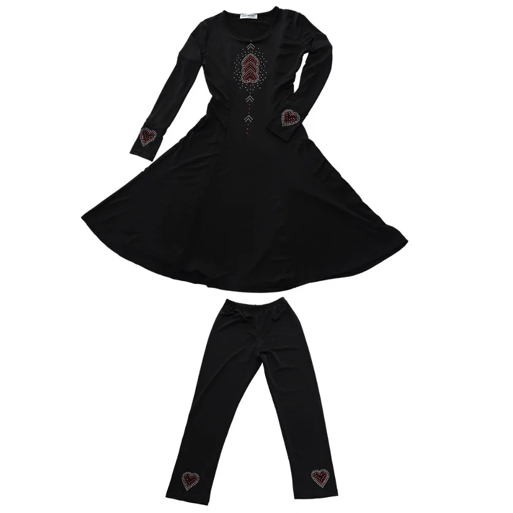 

Mid waist Round neck long sleeve kaftan& trousers set for girl, islam 2 pieces suit with Diamond at Chest and cuffs TH605