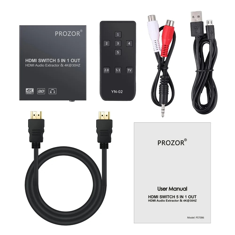 Prozor HDMI совместимый переключатель 5x1 аудио экстрактор конвертер с пультом