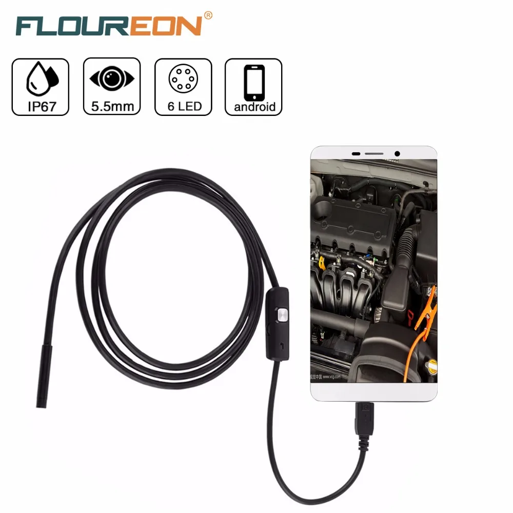 FLOUREON 5 мм 1 м эндоскоп камера гибкий IP67 водонепроницаемый осмотр бороскоп с 6