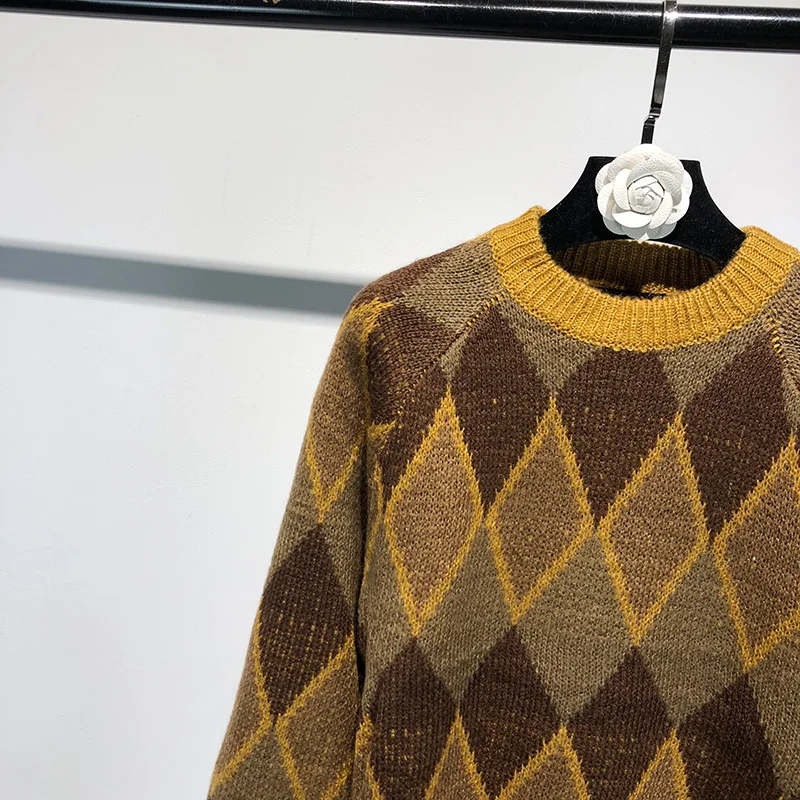 Vintage Winter Patchwork Color Argyle Pullover Sweater Warm Wool Long Sleeve Women O-Neck Knitted Short | Женская одежда