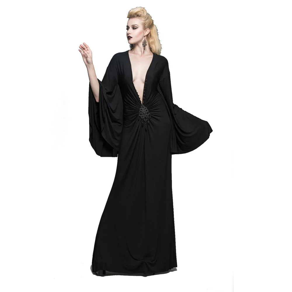 

D.F SteamPunk Women Party Dress Black Deep V-Neck Dresses Gothic Sexy Floor-length Dresses for Ladies Long Maxi Dresses
