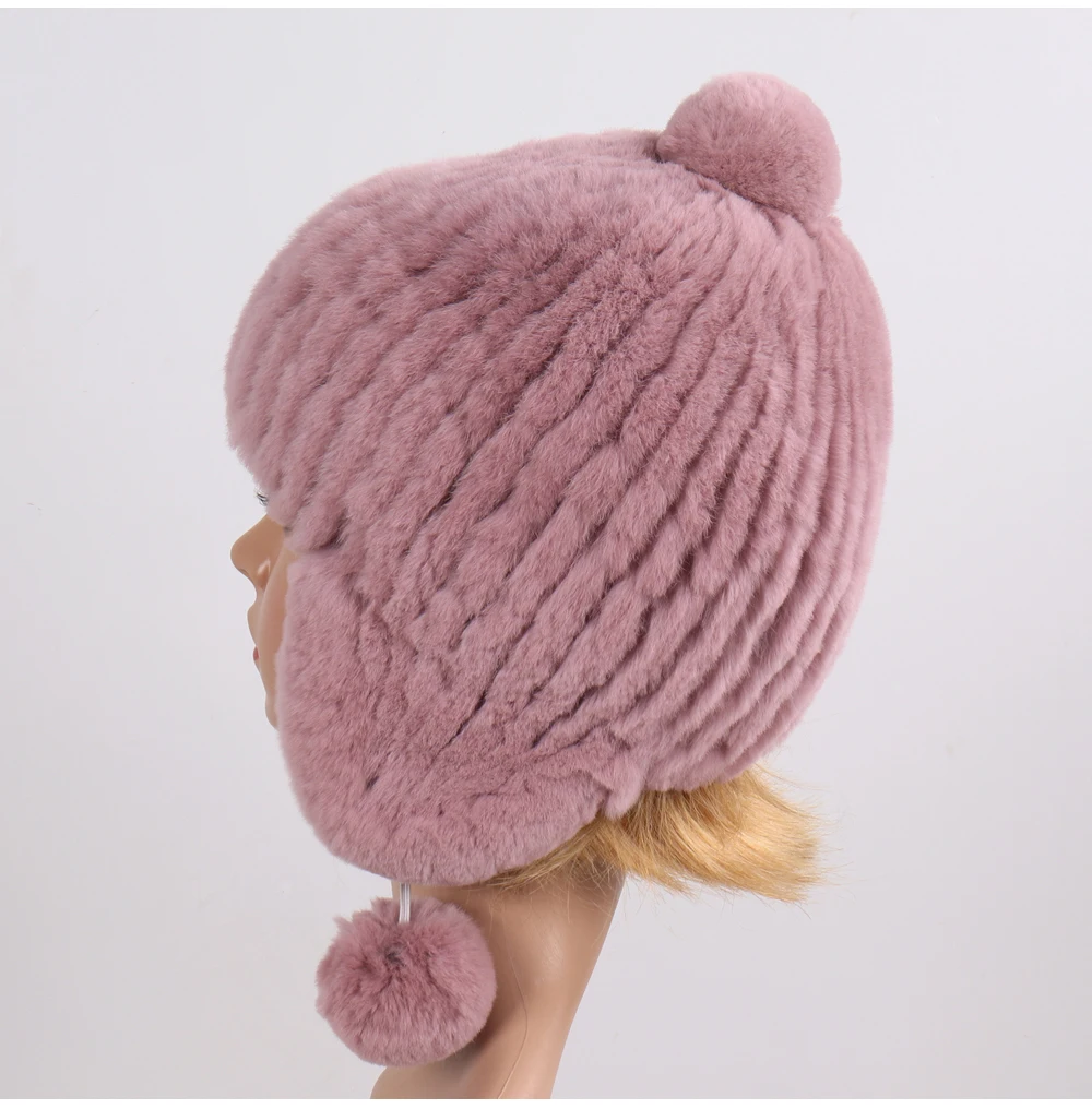 New Winter Russian Women Natural Rex Rabbit Fur Pompoms Hat Lady Thick Warm Real Rex Rabbit Fur Bomber Hats Knitted Outdoor Cap