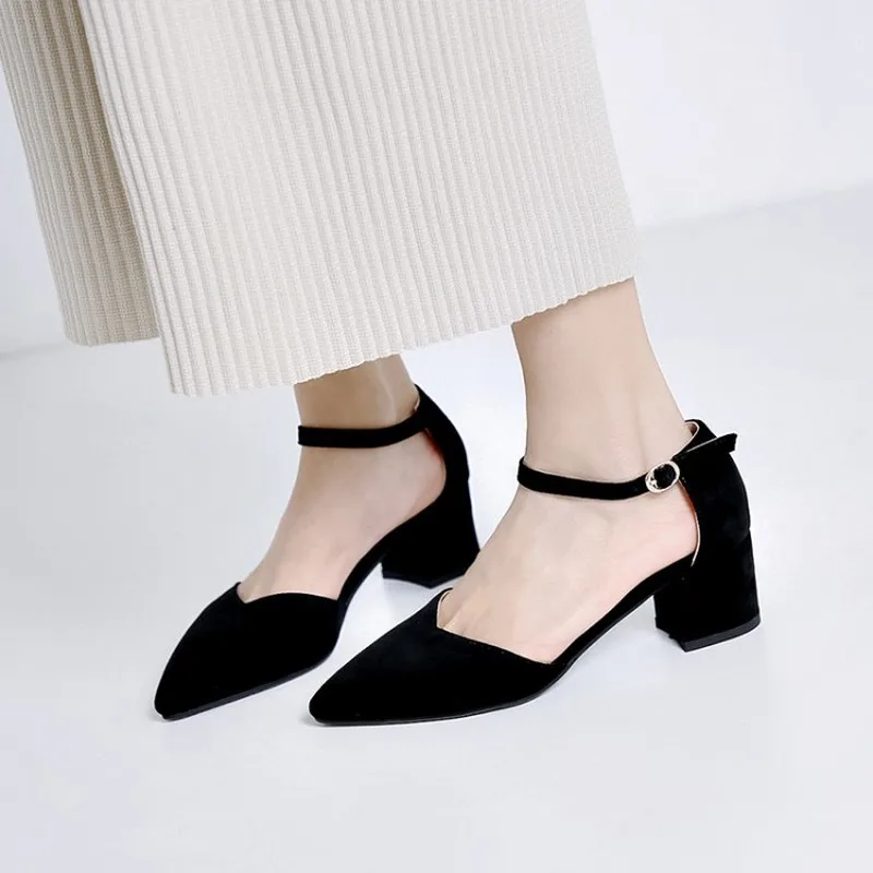 Женские туфли лодочки из флока на среднем каблуке с острым носком пряжкой размер