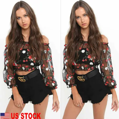 2019 женские черные топы с открытыми плечами и длинным рукавом Прозрачная Футболка