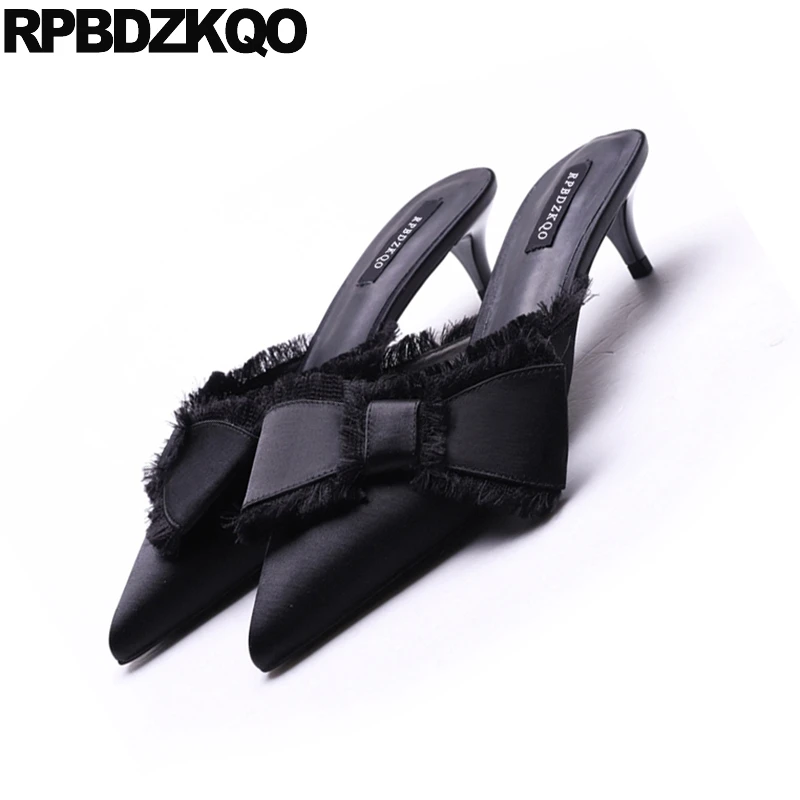 Kitten Medium Heels Black Closed Toe High Satin Bow Fringe Sandals Size 4 34 Mules Slipper Shoes Pumps Pointed Women Sweet Peach | Обувь