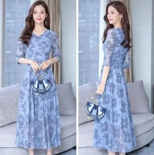 Casual Slim Women 2019 Elegant Hollow Out Lace Dress Vintage Long A-Line Party Dresses Female Plus Size LJ39 | Женская одежда