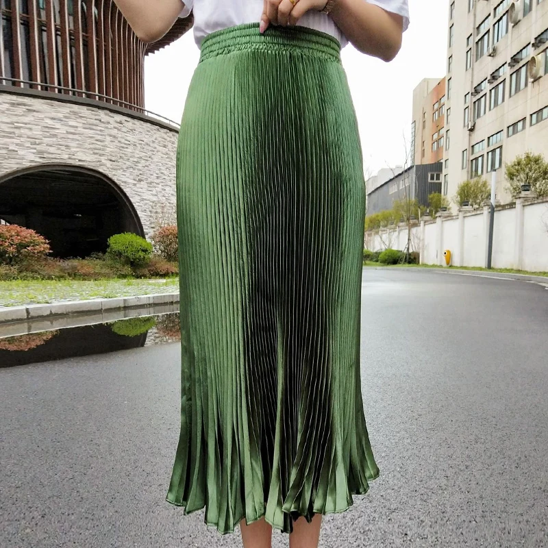 Dark-Green Saimishi большие блестящие металлические элегантные Сатиновые плиссированные юбки летние тянущиеся с высокой талией обтягивающие женские длинные юбки до середины икры - Цвет: Dark-Green