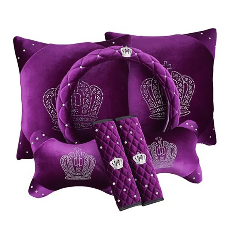 

Winter Plush with Crown Crystal Car Pillow Sets Girls Purple Head Rest Neck Waist Supports Steering Wheel Cover Seatbelt Covers
