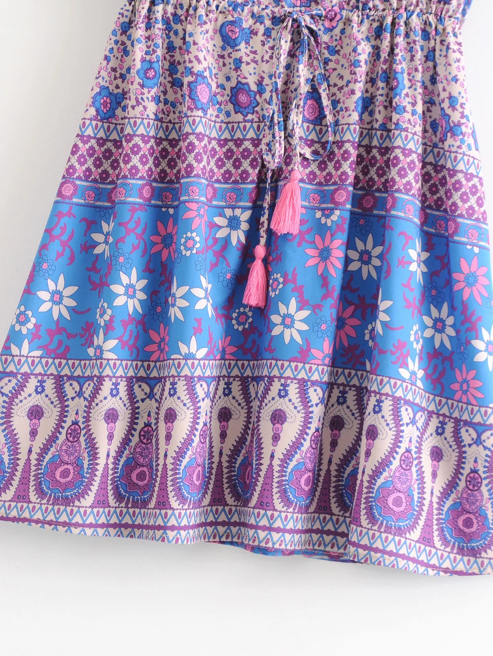 2018 Boho позиция печати Кнопки кисточкой пояса Для женщин мини платье летние
