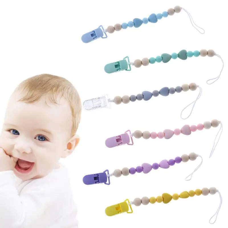 

Baby Pacifier Chain With Clip Silicone Teething Chain Newborn Nipple Teether Holder Chew Toys Soother Wood Dummy Heart Beads