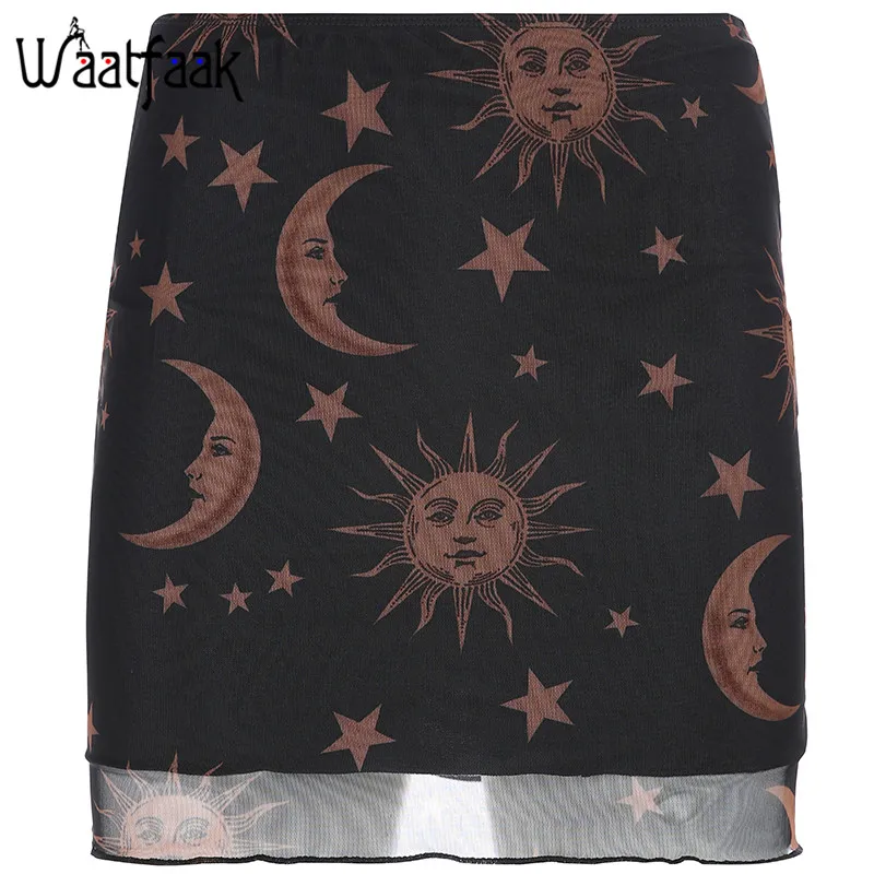 Waatfaak Sun Moon Graphic, Ретро стиль, трапециевидная юбка для женщин, высокая талия, сетчатые короткие юбки, элегантные, облегающие, черные, сексуальные, Harajuku Jupe, летние