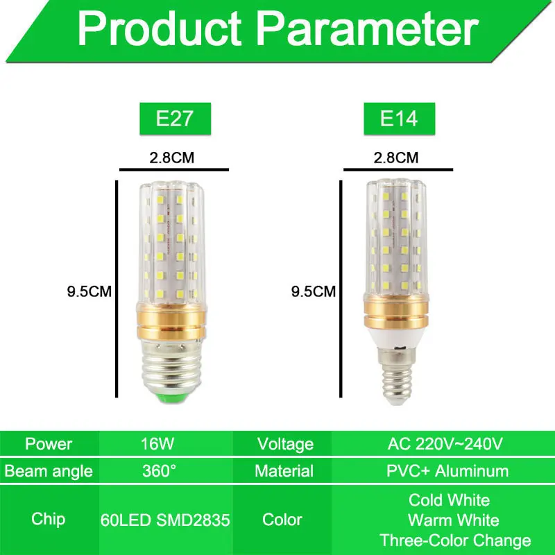 Новый светодиодный светильник E27 E14 лампы 16 Вт AC220V 240V кукурузы лампа 60 SMD 2835