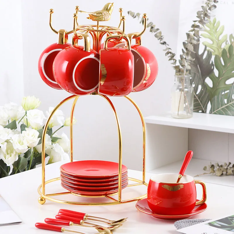 6-piece set Red Модный набор кофейных чашек с принтом губ, фарфоровый набор чайных чашек из костяного фарфора, Набор чашек и блюдцев, чайные вечерние стаканы, свадебные подарки - Цвет: 6-piece set Red