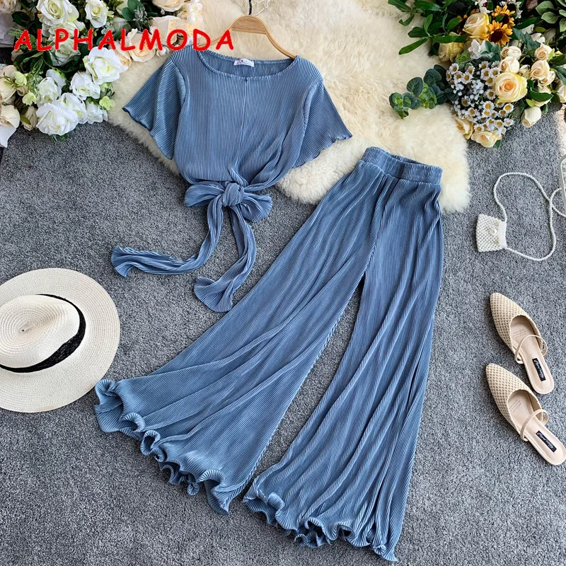 Женский комплект из 2 предметов ALPHALMODA блузка с бантом + расклешенные брюки