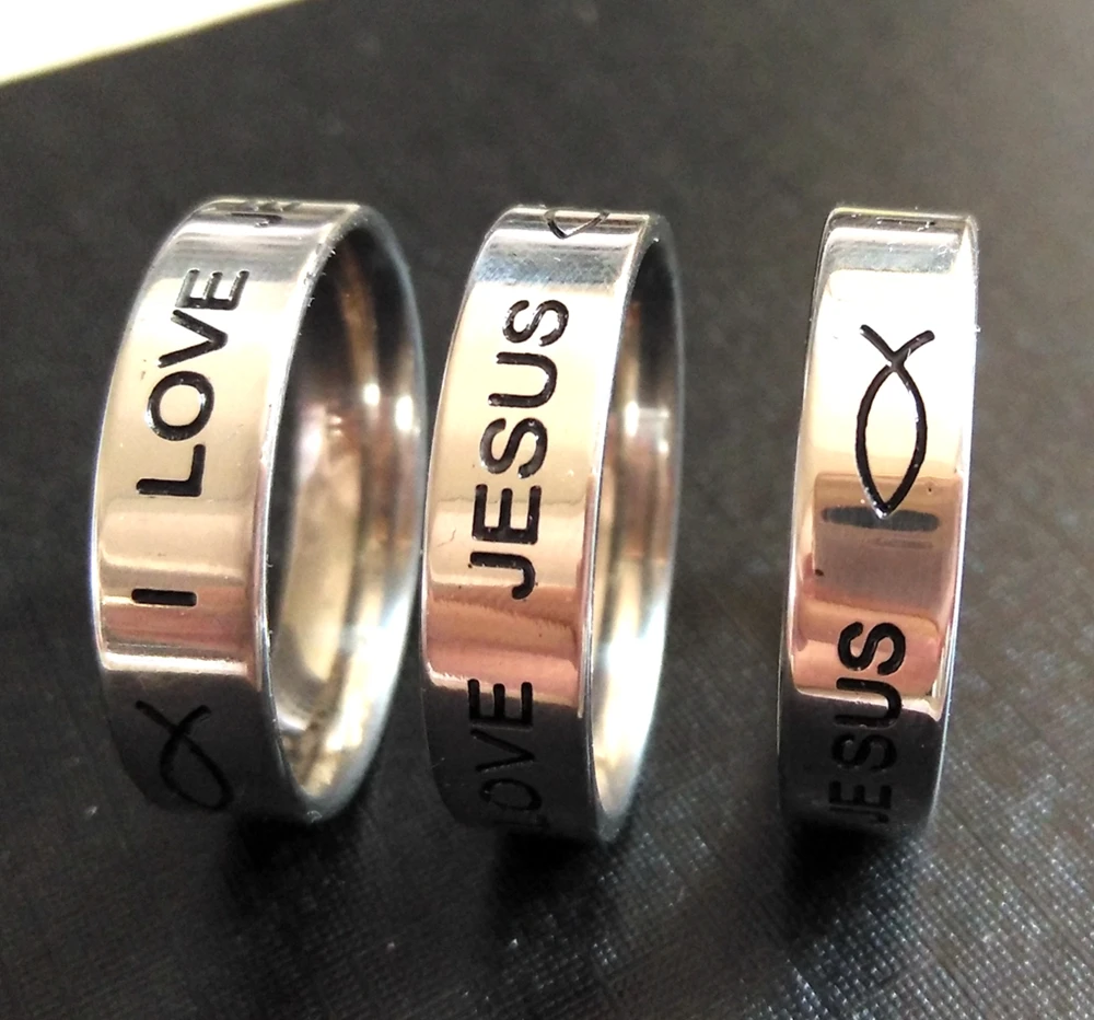 50PCS Etched oil filled Silver 6mm I love Jesus Fish 316L Stainless Steel Finger Rings Christian Ring Cross Unique Jewelry | Украшения и