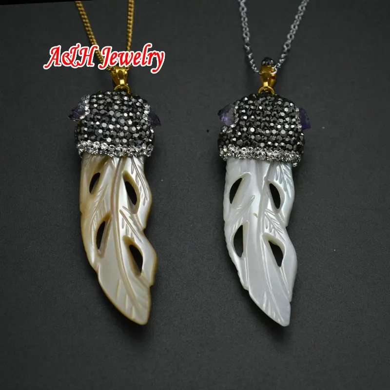 

New Fashion Women Jewelry Natural Shell Hollow Out Carved Leaves Pendant Black Rhinestone Purple Crystal Paved Necklace 5pc/lot