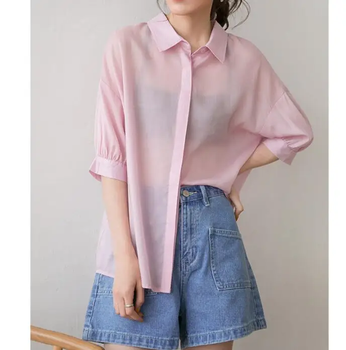 

2021 Autumn Lapel Fashion New Solid Color Blue White Pink Mid Lantern Sleeve Loose Women Shirt