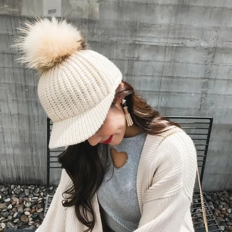 Fashion Big Hairball Baseball Caps for Women and Girl Autumn Winter Warm Knitted Hairy Hats Adjustable Wool Snapback Cap