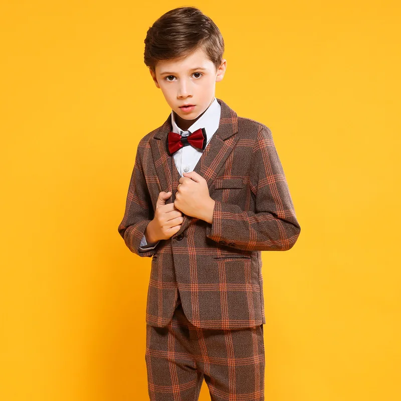 

Kids Wedding Suits Teenage Boys Plaid Blazer Vest Trouser 3PCS Outfits Children England Style Formal Performance Costume F304