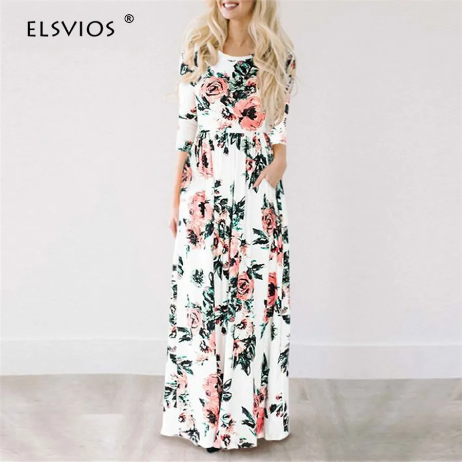 ELSVIOS Женское Платье макси с цветочным принтом и рукавом три четверти летнее