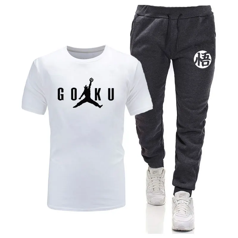 white dark gray Лето, Dragon Ball Z, мужские футболки+ штаны, 2 предмета,, хлопок, удобная футболка с коротким рукавом, мужские повседневные топы и штаны - Цвет: white dark gray