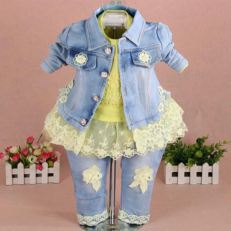 F10415-Yellow Одежда для девочек, комплект одежды для детей, одежда для маленьких девочек костюм из 3 предметов, куртка джинсовые штаны г. Осенне-Весенняя детская ковбойская одежда для малышей - Цвет: F10415-Yellow