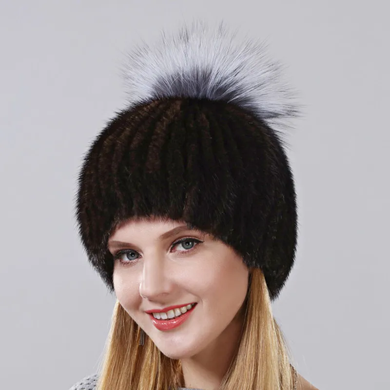 Hot Sale Fashion Vertical Weaving Cap Winter Warm Hat For Women Knitting Cap Real Natural Mink Hat With Fox Pompom On The Top