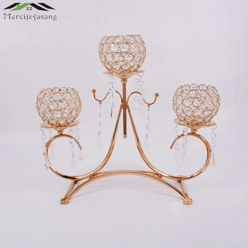 

Metal Gold Candle Holders 3-Arms With Crystals 54CMx40CM Stand Pillar Candlesticks For Wedding Candle Holder Candelabra 02403