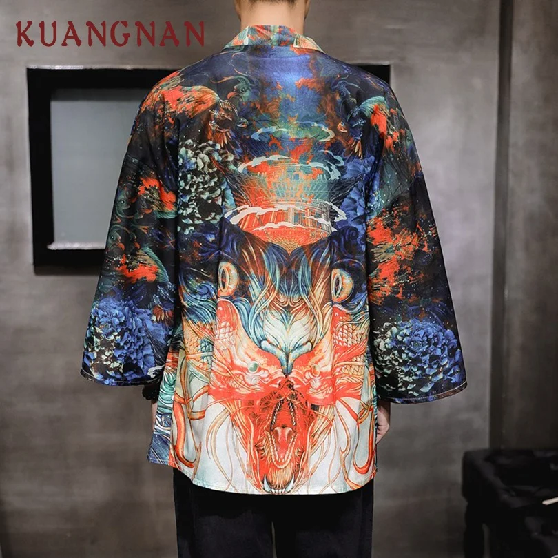 KUANGNAN Дракон кошка печати кимоно для мужчин японское кимоно кардиган Harajuku кимоно рубашка Мужская Уличная Мужская гавайская рубашка 5XL