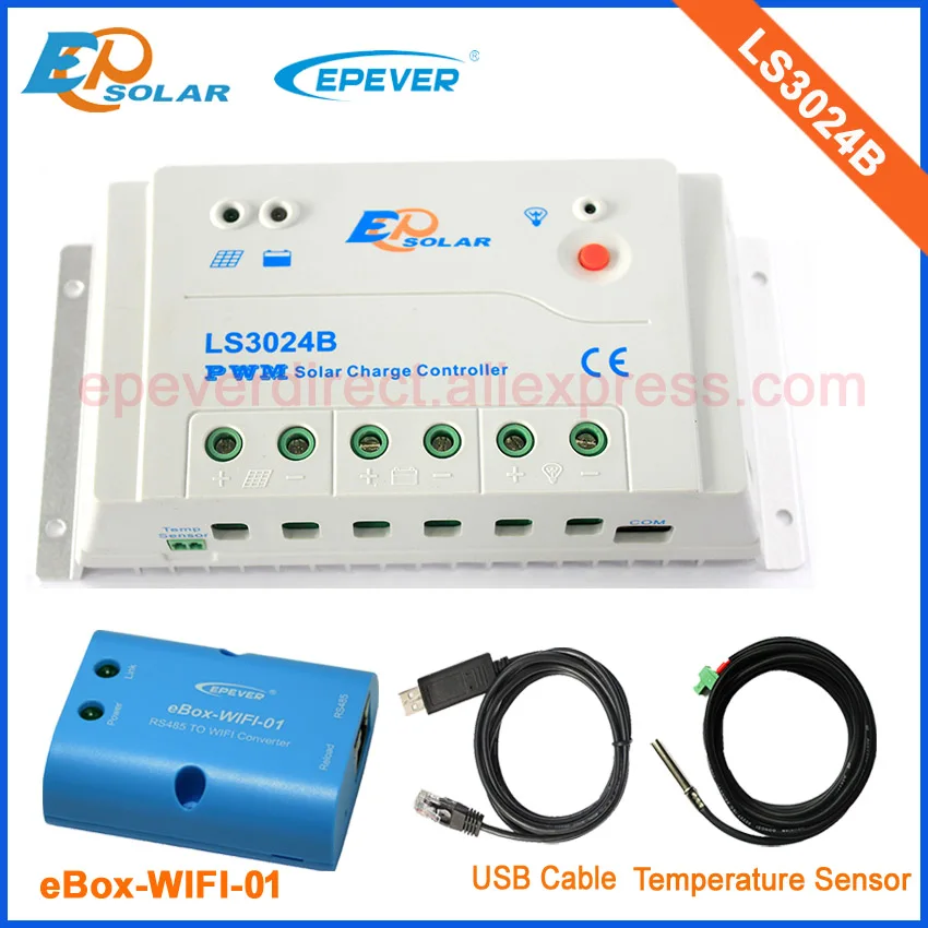 

PWM controller solar cells system with eBOX-Wifi-01 for wireless monitor LS3024B 30A EPSolar charger regulator USB+sensor cable